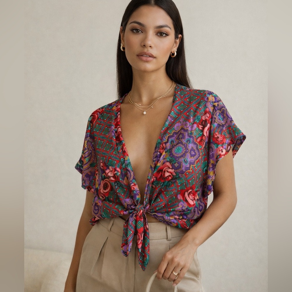 Vintage Victoria’s Secret Tie Front Sheer Floral Paisley Boho Blouse OS